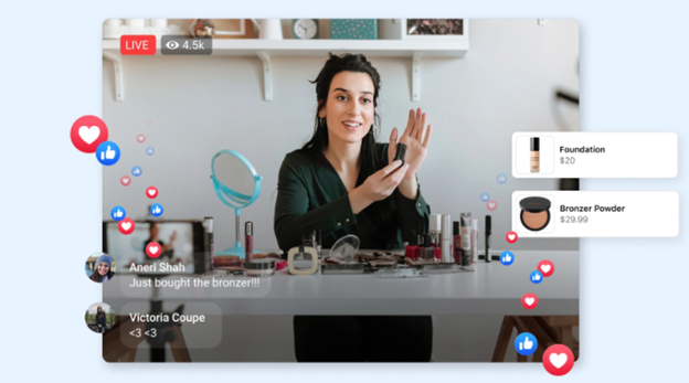 A screenshot of a woman holding up a beauty product in a Facebook Live live stream, something that brands should consider as part of their marketing strategy